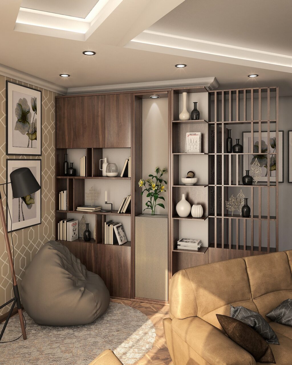 Bean bags and Mid Century Modern Bookcases