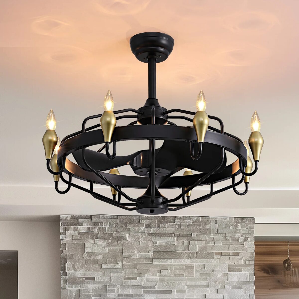 Black and gold fandelier with candelabra bulbs
