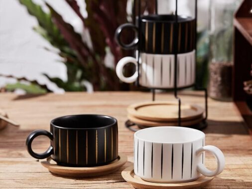 A cappuccino cup set with a stacking holder