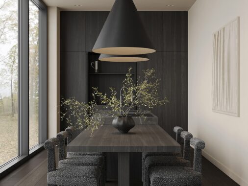 dark and elegant dining room with natural touches
