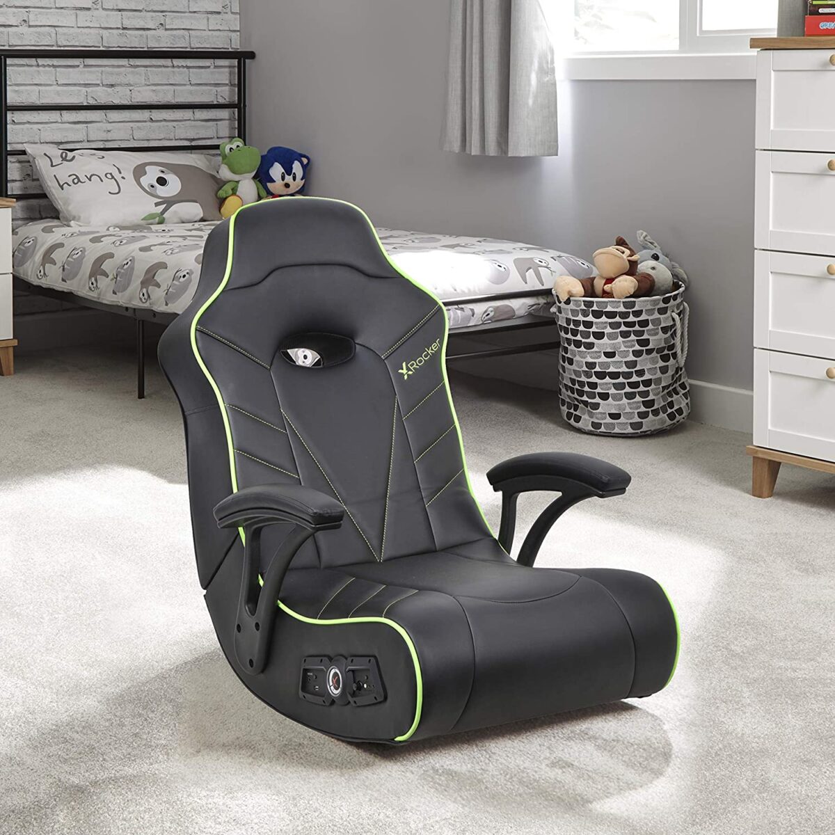 green and black floor gaming chair with speakers bluetooth gamer chairs for sale online affordable floor rockers with armrests comfortable gamer chairs that promote circulation