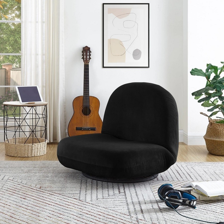 reclining and swiveling black floor chair for playing guitar convenient floor seating with backrest swivel base and recliner back foam cushioning comfortable bedroom chairs low