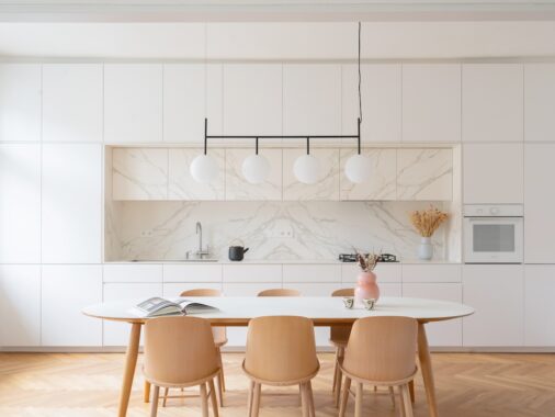 scandi modern kitchen with wooden dining table
