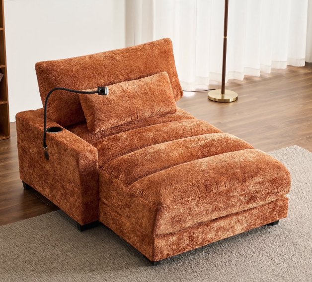 Velvet reading chair with USB ports, cup and phone holder